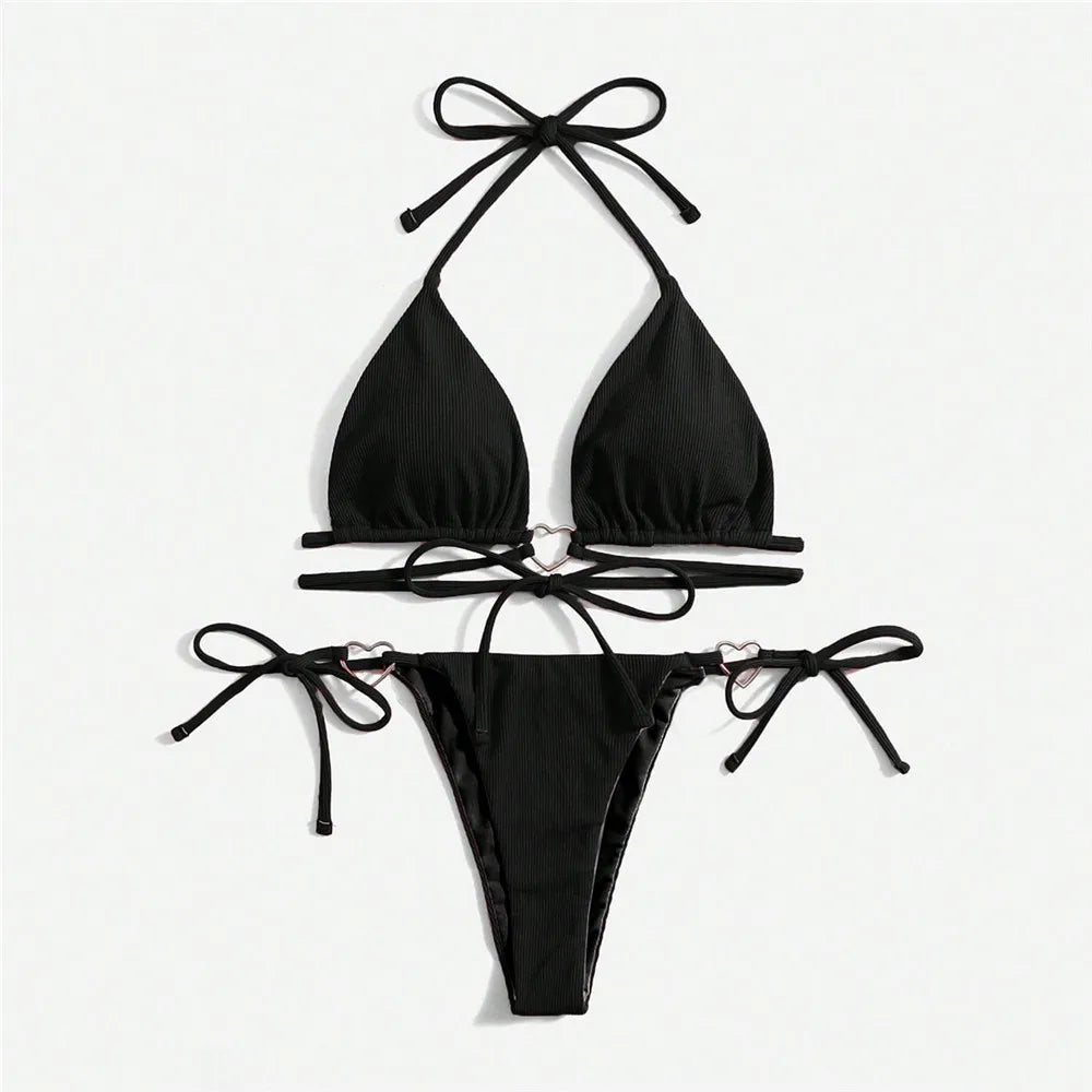 Black Halter Thong Heart Ring Bikini Set