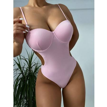 Pink Backless Cut Out Underwired Push Up Monokini