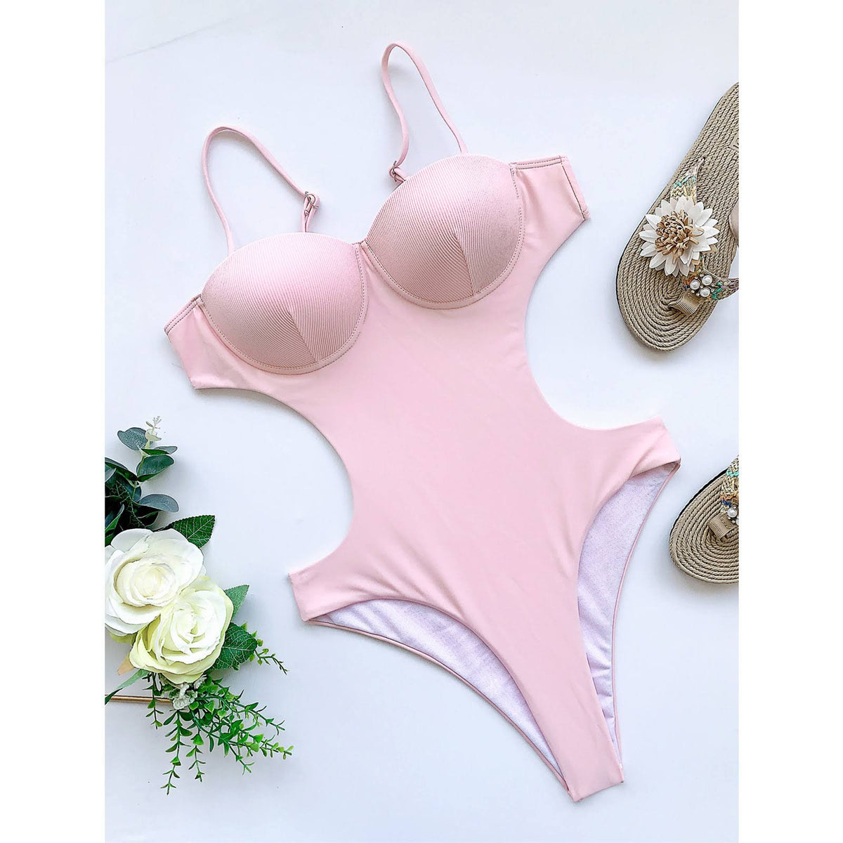 Pink Backless Cut Out Underwired Push Up Monokini