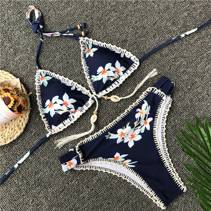 High Waist Crochet Floral Print Knitted Shell Bikini Set