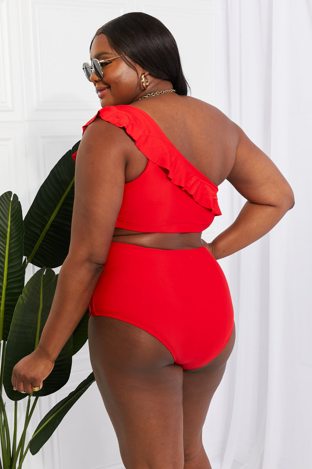 Ruffle One-Shoulder High-Waisted Ruched Bottom Bikini