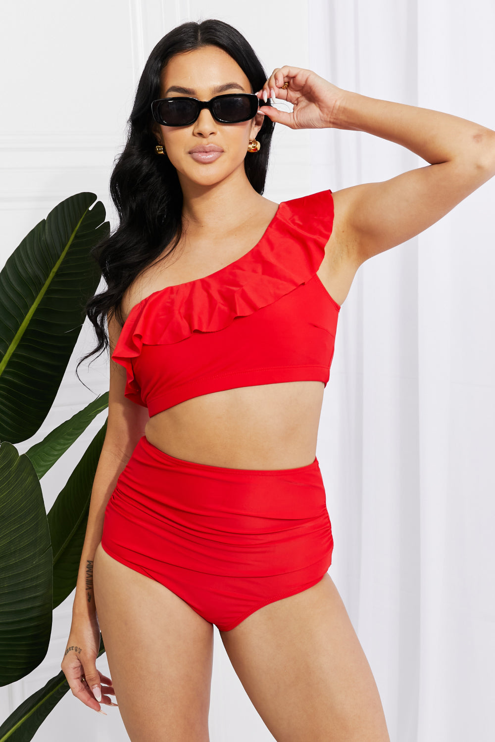 Ruffle One-Shoulder High-Waisted Ruched Bottom Bikini