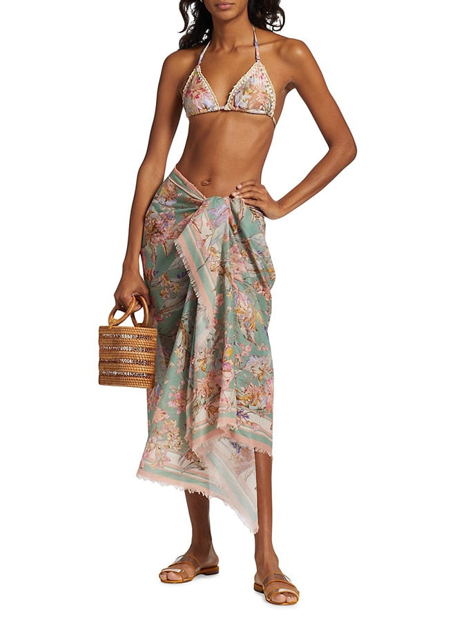 Three Pieces Holter Top Floral Print Bikini and Cover Up