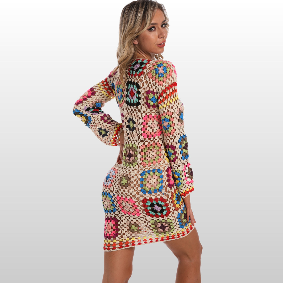 High Neck Granny Square Crochet with Long Sleeve Beach Dress