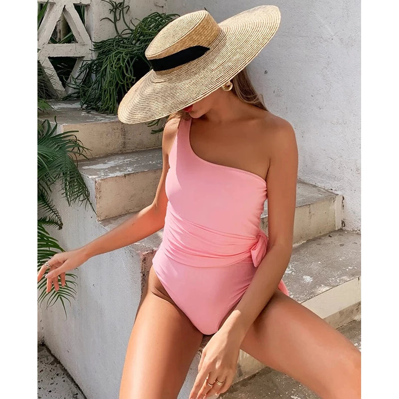 Pink One Shoulder One Piece High Cut Monokini