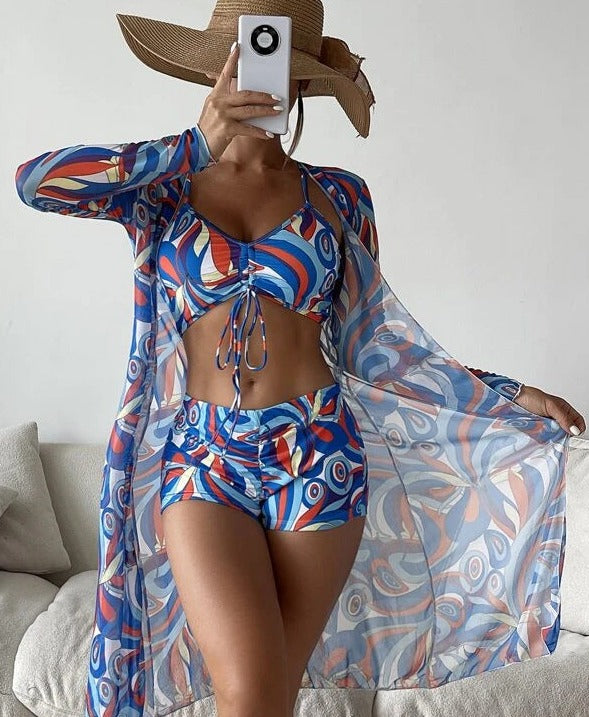 Three Pieces Pastel Print Short Bikini and Cover Up Set