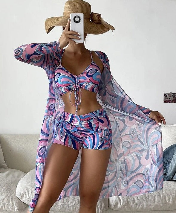 Three Pieces Pastel Print Short Bikini and Cover Up Set