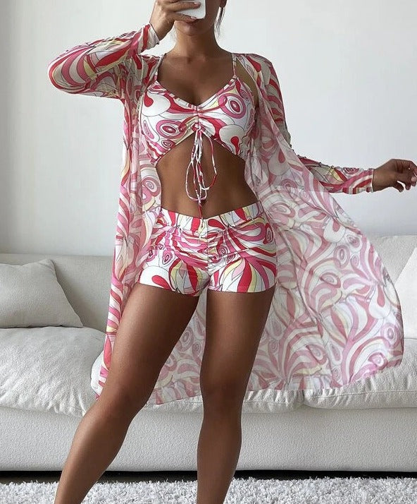 Three Pieces Pastel Print Short Bikini and Cover Up Set