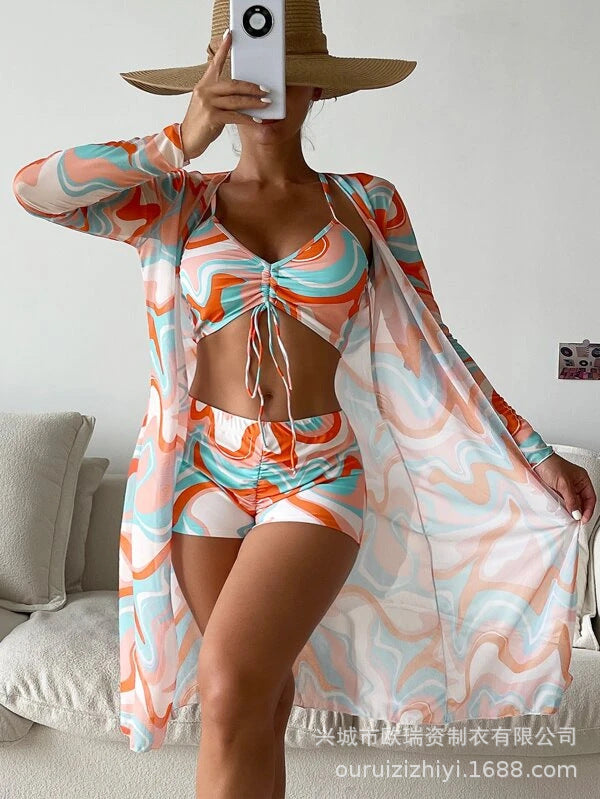 Three Pieces Pastel Print Short Bikini and Cover Up Set