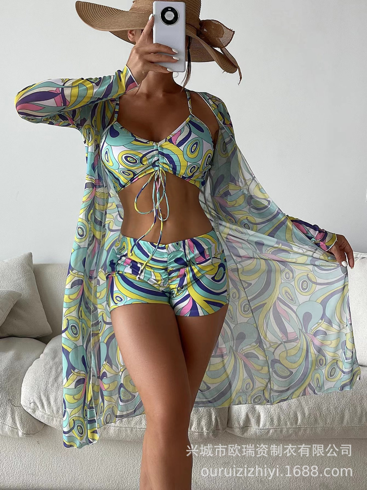 Three Pieces Pastel Print Short Bikini and Cover Up Set