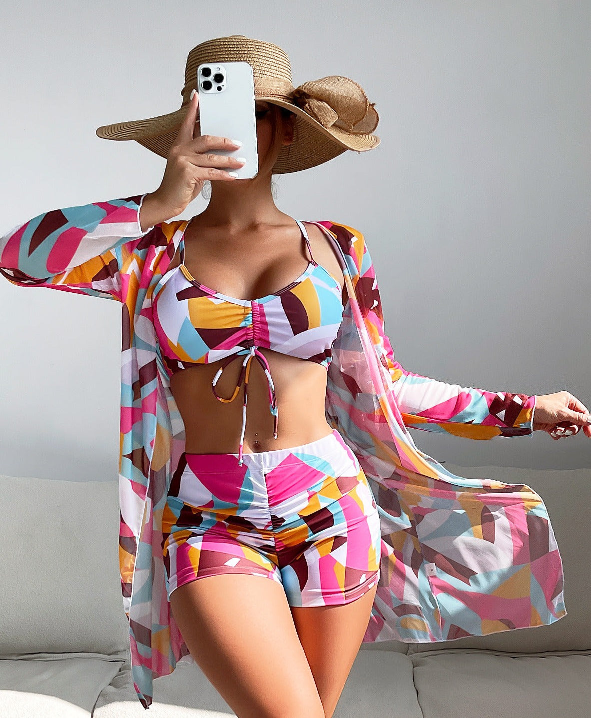 Three Pieces Pastel Print Short Bikini and Cover Up Set