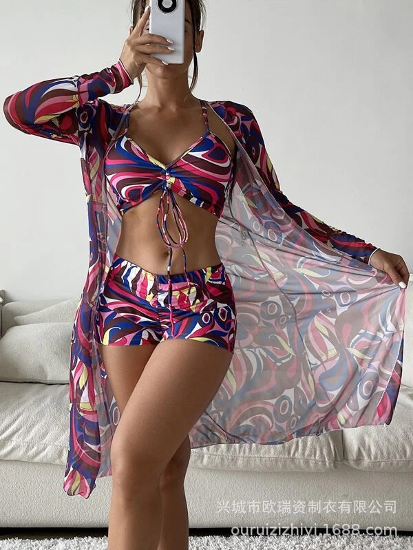 Three Pieces Pastel Print Short Bikini and Cover Up Set