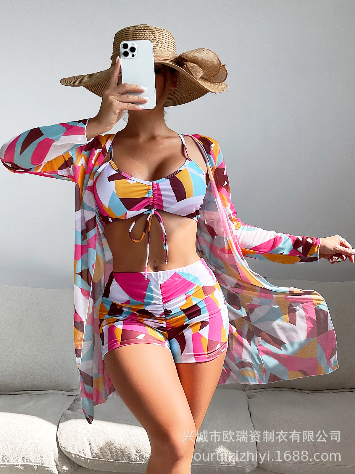 Three Pieces Pastel Print Short Bikini and Cover Up Set