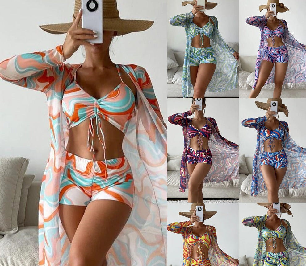 Three Pieces Pastel Print Short Bikini and Cover Up Set