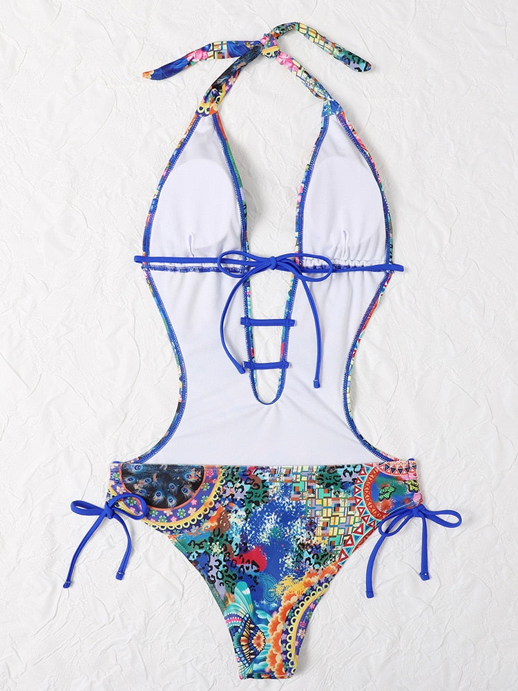 Cut Out Tropical Print Plunging Neckline High Waist Monokini