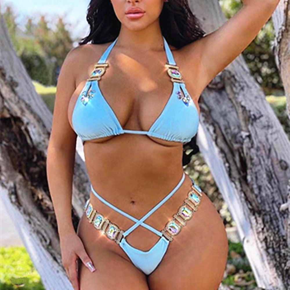 Halter Top Diamond Bandage Strappy Cheeky Brazilian Triangle Bikini Set