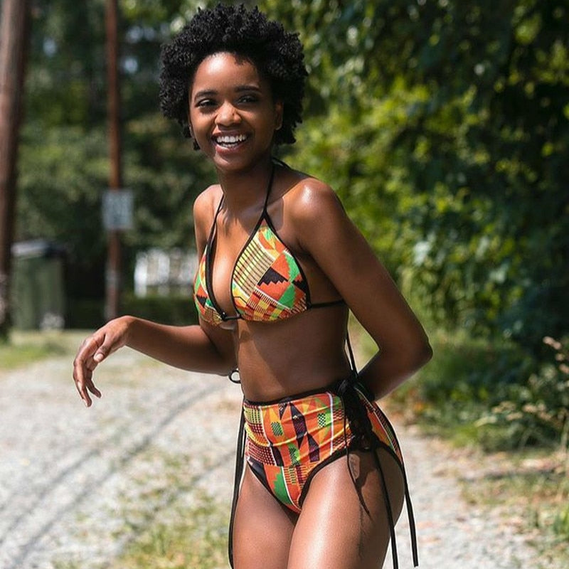 African Style High Waist Totem Print Push Up Bikini Set