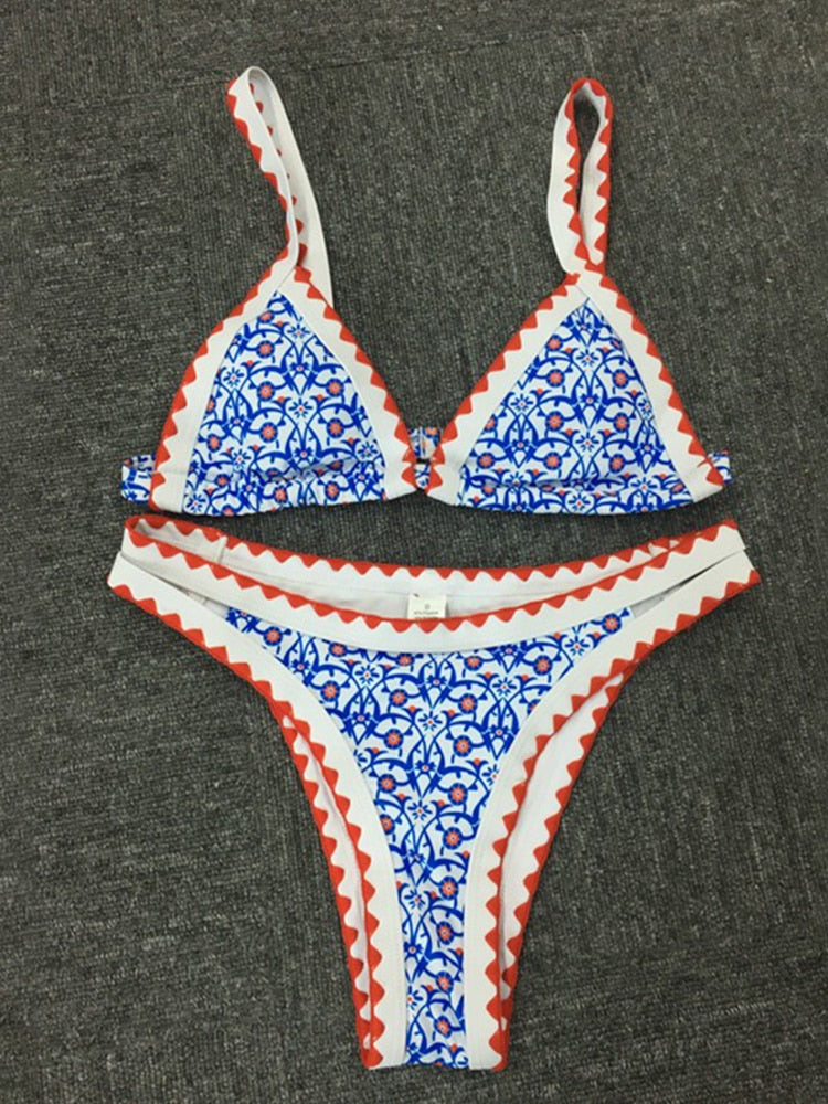 Stitched Edge Triangle Pastel Print High Cut Hollow Out Bikini Set