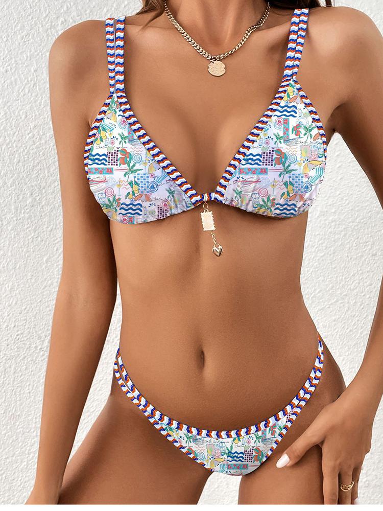 Pastel Print Vintage Push Up High Waist Triangle Bikini Set