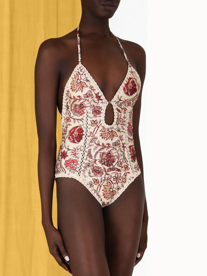 Three Pieces Holter Top V-Neck Keyhole Crochet Monokini