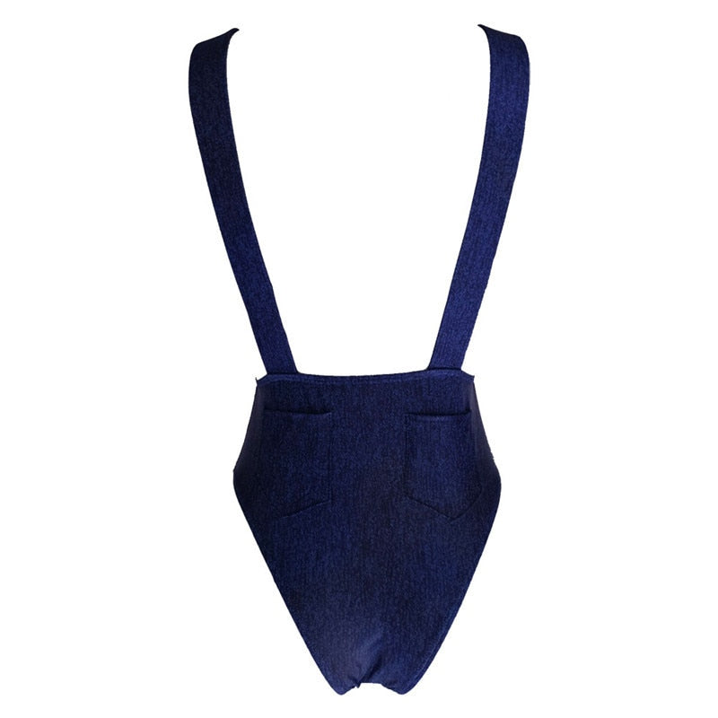 Denim Bandage One Piece Backless Swimsuit Monokini