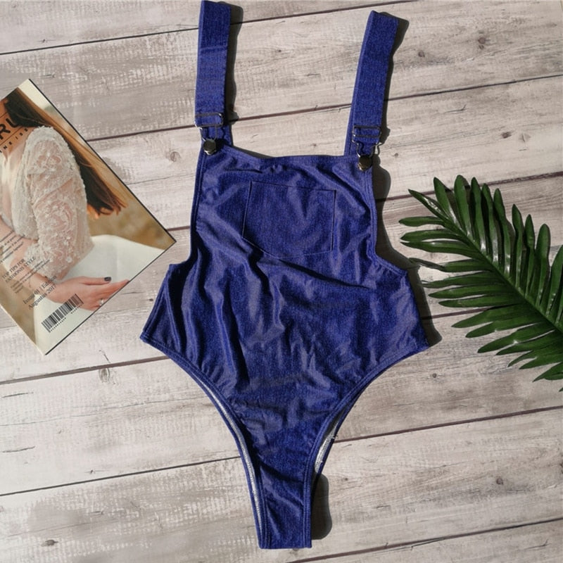 Denim Bandage One Piece Backless Swimsuit Monokini