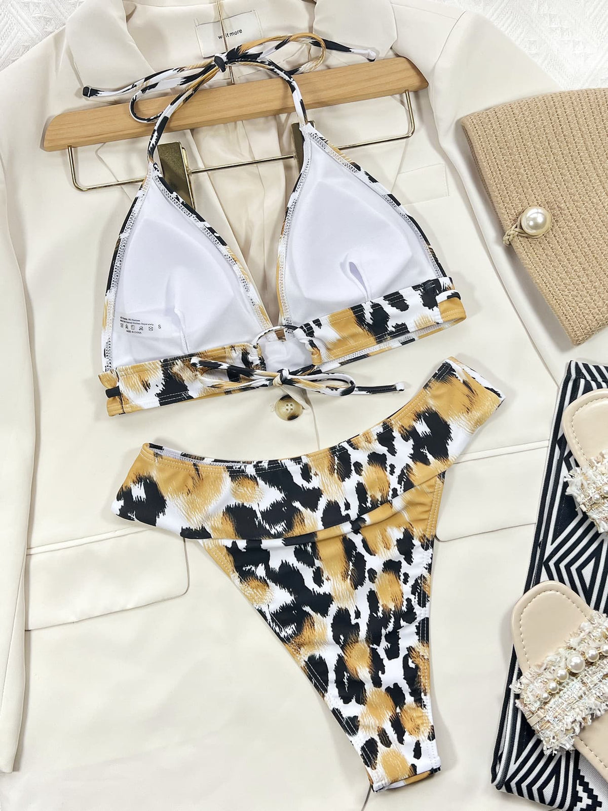 Leopard Print Halter V Neck High Leg Bikini Set