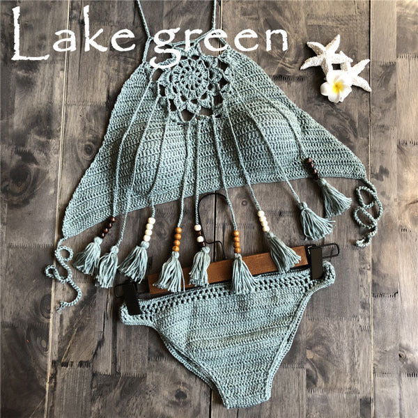 Bikini Crochet Halter Beaded Tassel Top Hollow Out