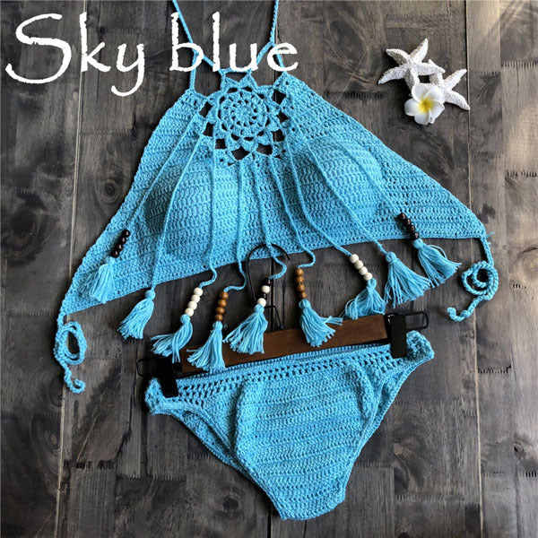 Bikini Crochet Halter Beaded Tassel Top Hollow Out