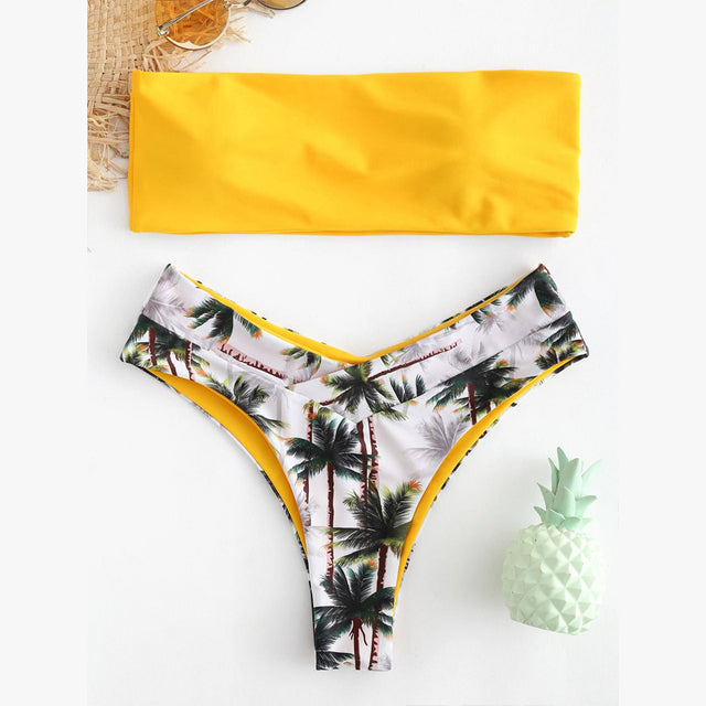 Simple Tropical Push up leaves Bandeau bikinis