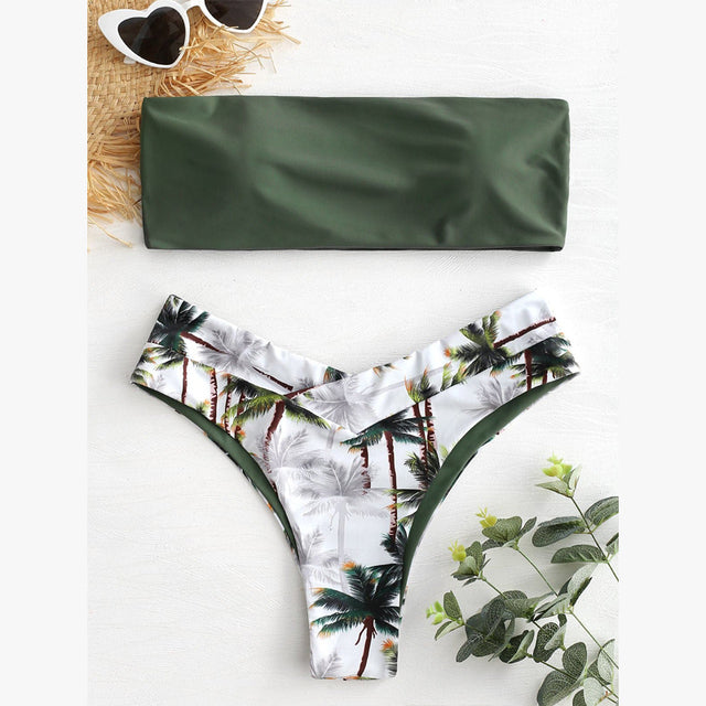 Simple Tropical Push up leaves Bandeau bikinis