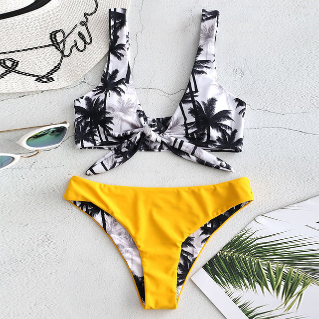 Simple Tropical Push up leaves Bandeau bikinis