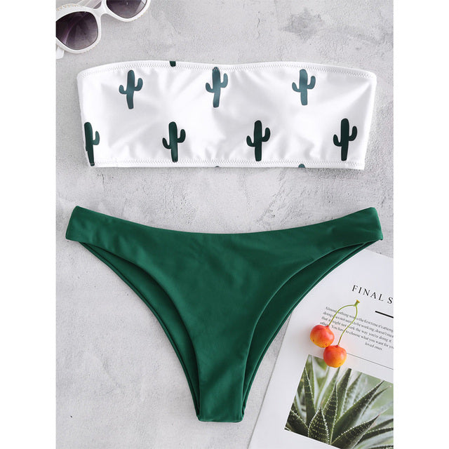 Simple Tropical Push up leaves Bandeau bikinis