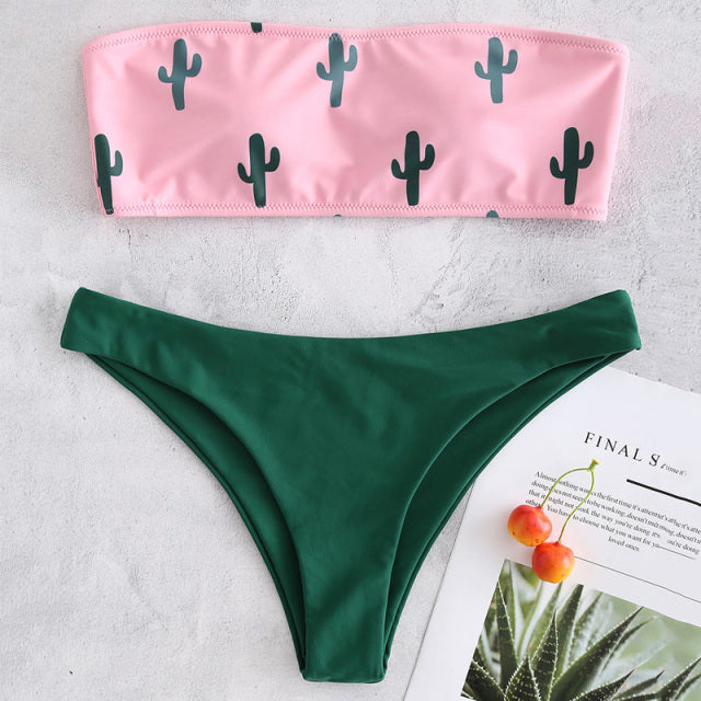 Simple Tropical Push up leaves Bandeau bikinis