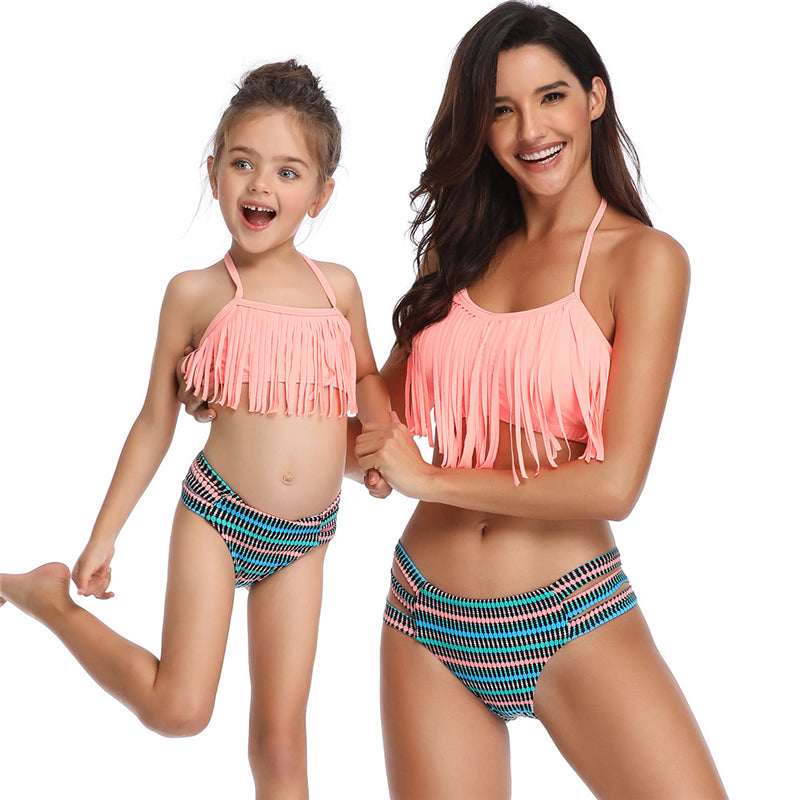 Mother Girl Matching Solid Color Top Tankini Maillot De Bain