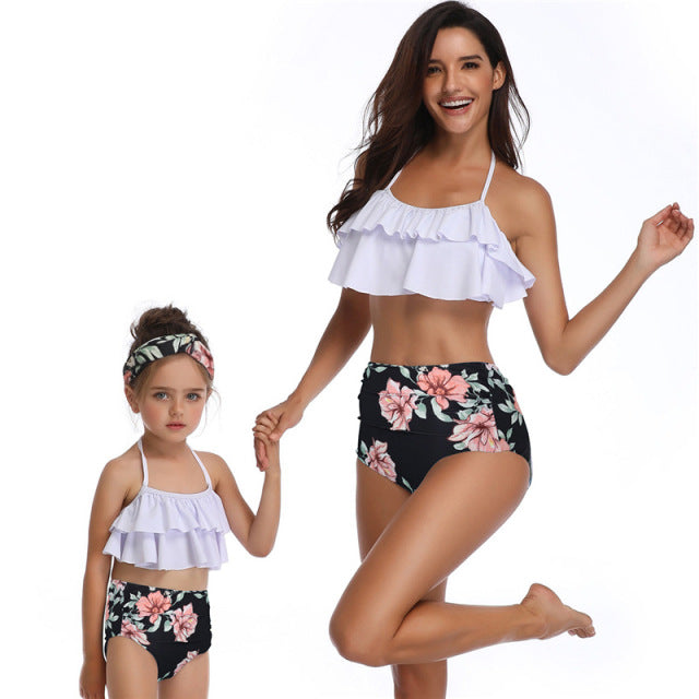 Mother Girl Matching Solid Color Top Tankini Maillot De Bain