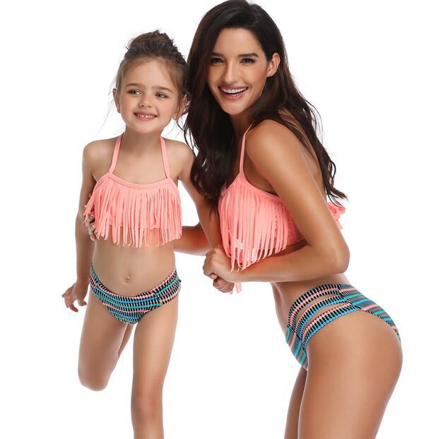 Mother Girl Matching Solid Color Top Tankini Maillot De Bain