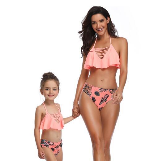 Mother Girl Matching Solid Color Top Tankini Maillot De Bain