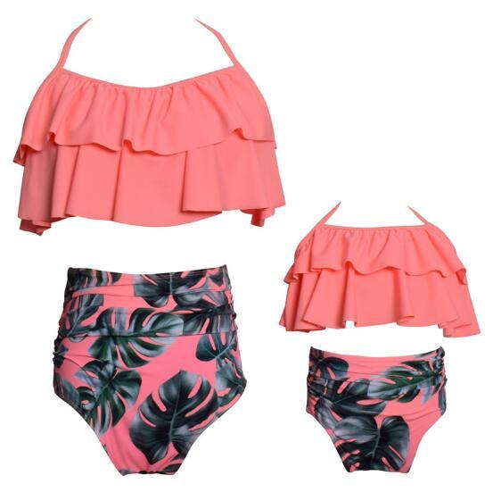 Mother Girl Matching Solid Color Top Tankini Maillot De Bain