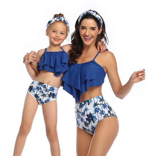 Mother Girl Matching Solid Color Top Tankini Maillot De Bain