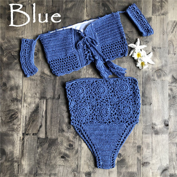 Crochet High Leg Bandeau High Waist Bikini