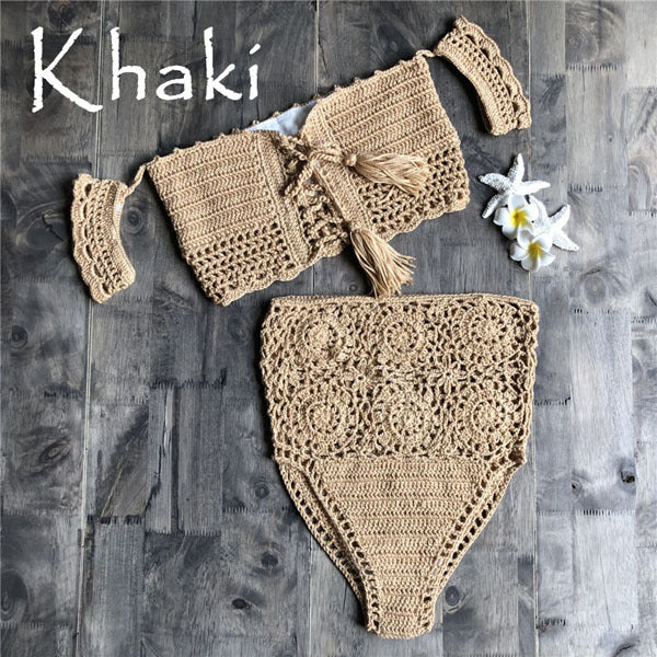 Crochet High Leg Bandeau High Waist Bikini