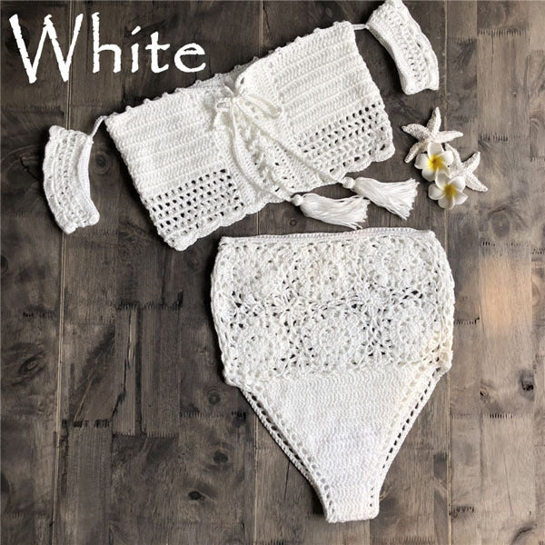 Crochet High Leg Bandeau High Waist Bikini