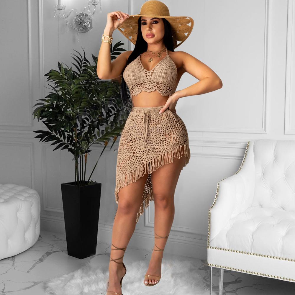 Hollow out bra top and tassel mini skirts Crochet Set beach cover up