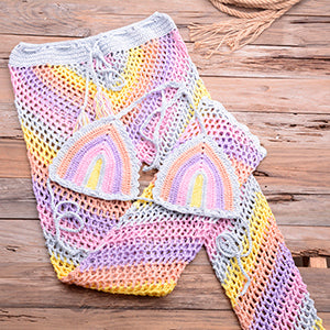 Crochet 2PCS/SET Colorful Beachwear Sexy Women Bra Top Hollow Out Long Pants