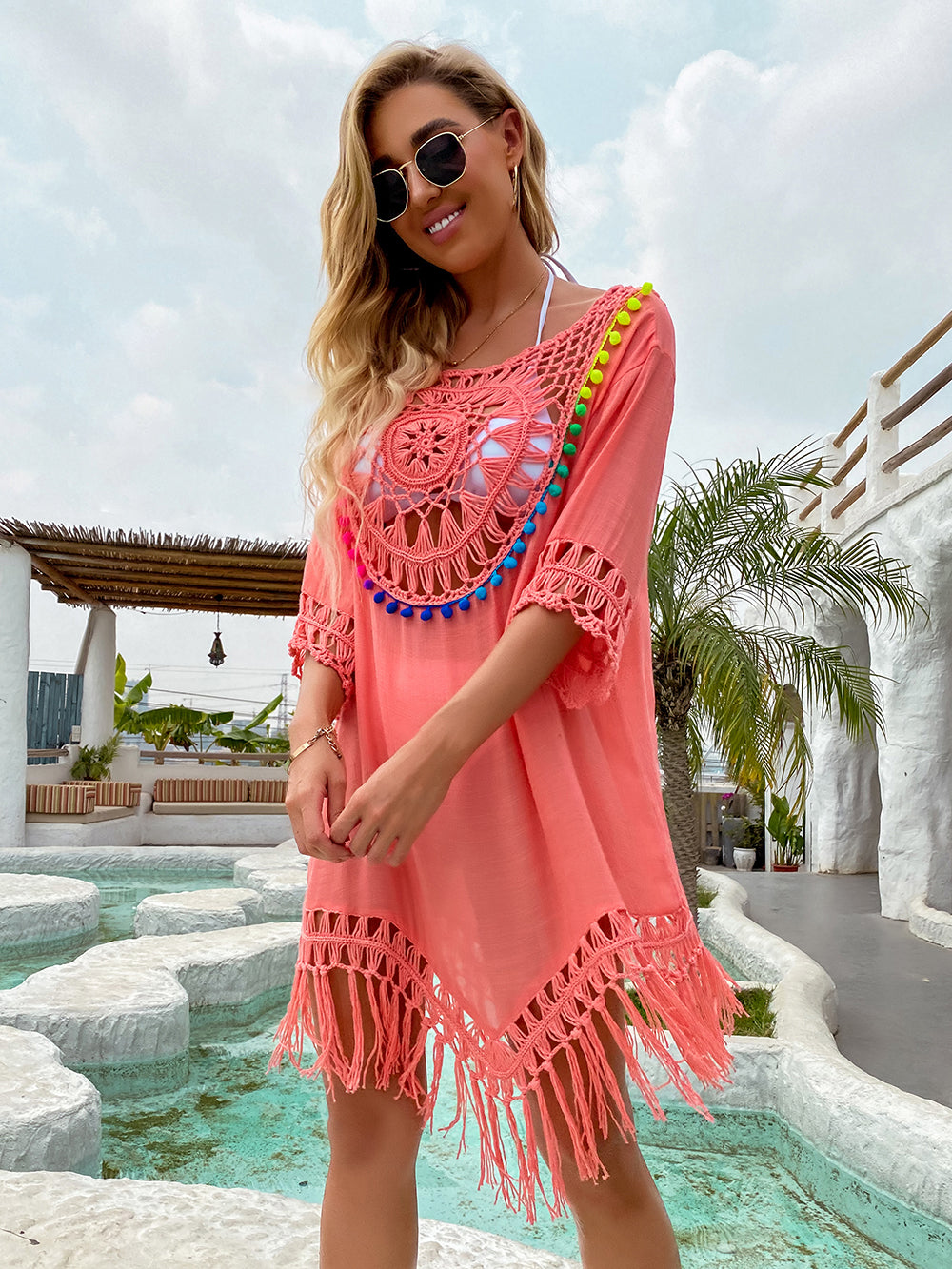 Crochet Beachwear V Neck Tassel 3/4 Sleeve Bathing Suit Swimsuit Cover-Up