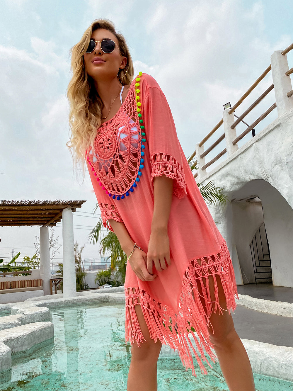 Crochet Beachwear V Neck Tassel 3/4 Sleeve Bathing Suit Swimsuit Cover-Up