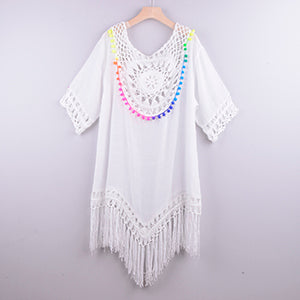 Crochet Beachwear V Neck Tassel 3/4 Sleeve Bathing Suit Swimsuit Cover-Up