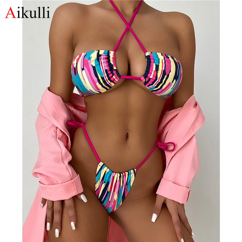 Pink Sexy Halter Hollow Cross Cut Bikinis