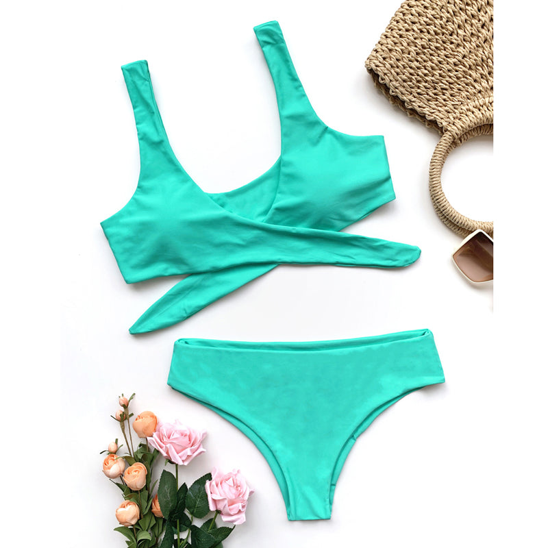 Solid Color Semi-High Waist Front Tie Tankini Swimwear